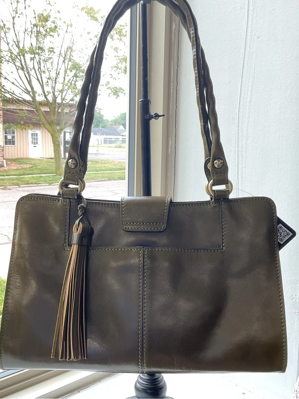 Women's Olive Embossed Floral Tote Bag with Tassel